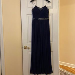 Full length navy blue strapless Aqua Dress with rhinestones